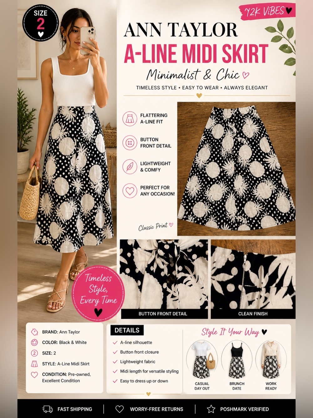 Ann Taylor Women’s Black White A-Line Midi Skirt Size 2 Spring Wedding Guest